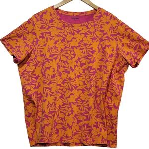 Lands End Womens XL Pink Orange Tropical Floral Cotton Crew Neck T-Shirt RN62830
